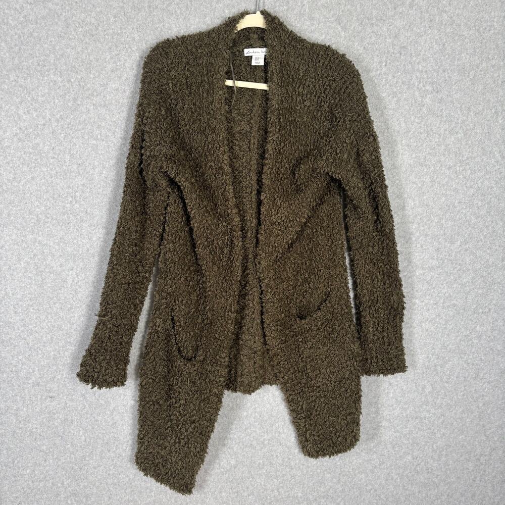 London Kaye‎ Cardigan Sweater Women XS Olive Army Chunky Fuzzy Comfy Cozy Nubby